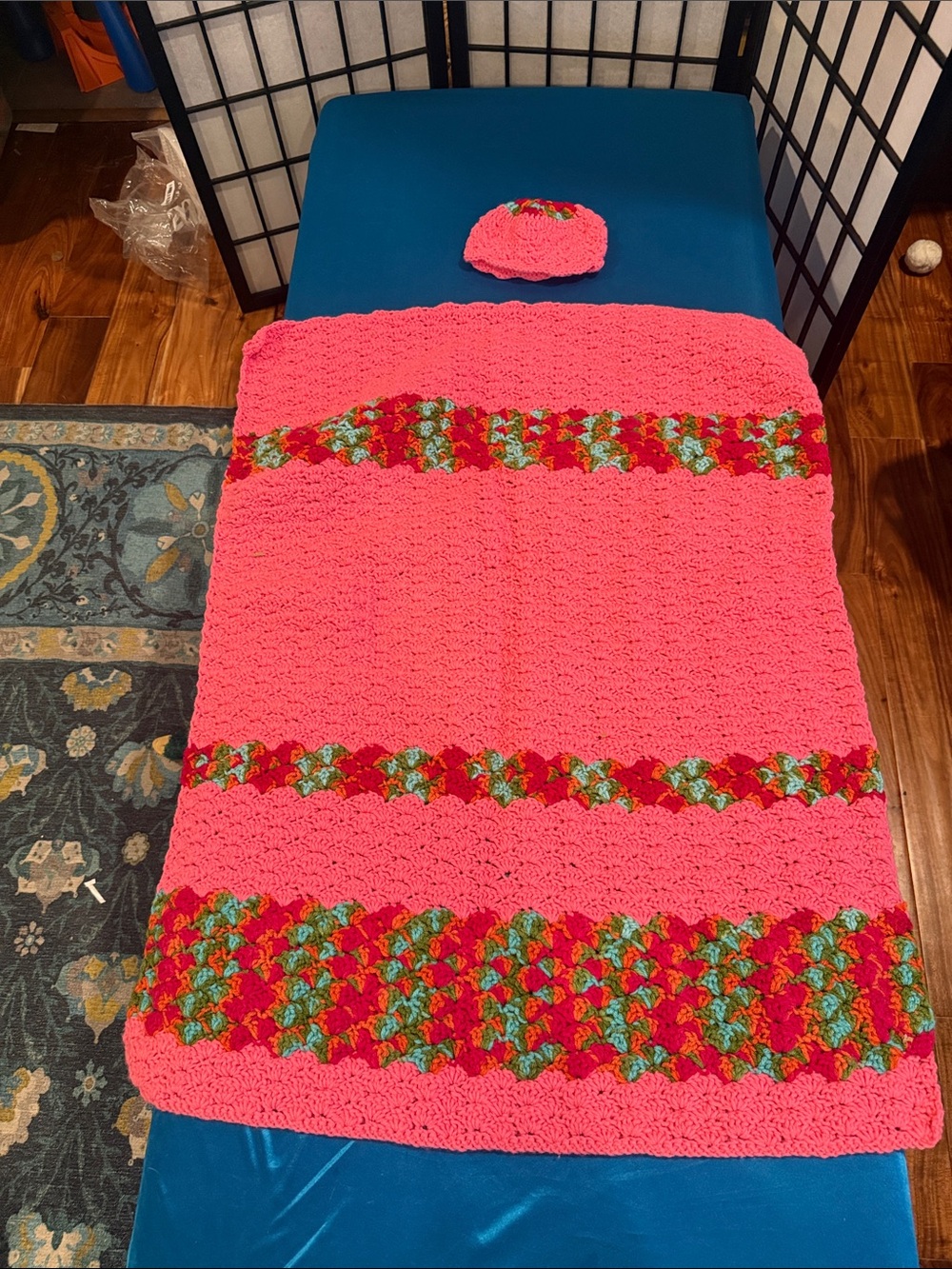 Handmade Pink Crochet Bed Throw with Multicolor Accent and hat (G1)